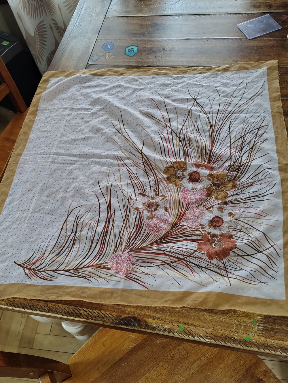Vintage Floral Feather Print Square Scarf - White, Tan, Brown, Pink - Picture 3 of 8